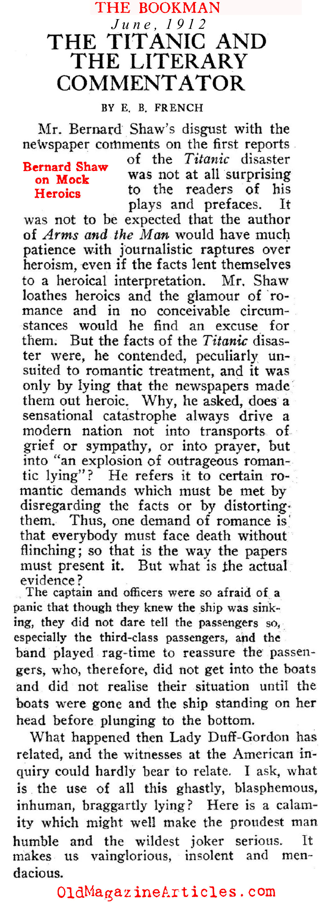 George Bernard Shaw Comments About the <em>Titanic</em> Sinking  (The Bookman, 1912)